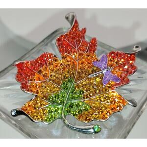 Kirks Folly Rhinestone Maple Leaf Brooch with Dragonfly
